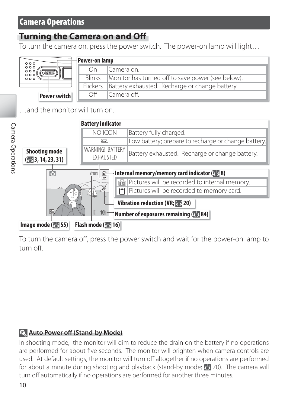 Camera operations, Turning the camera on and off, Camera operations turning the camera on and oﬀ | Nikon S10 User Manual | Page 20 / 103