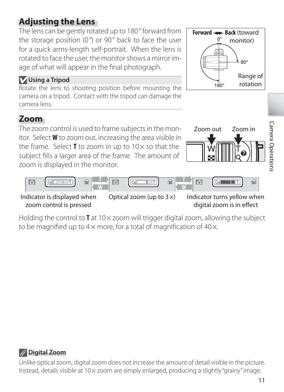 Adjusting the lens, Zoom | Nikon S10 User Manual | Page 21 / 103