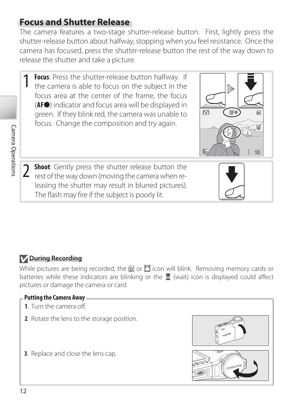 Focus and shutter release | Nikon S10 User Manual | Page 22 / 103