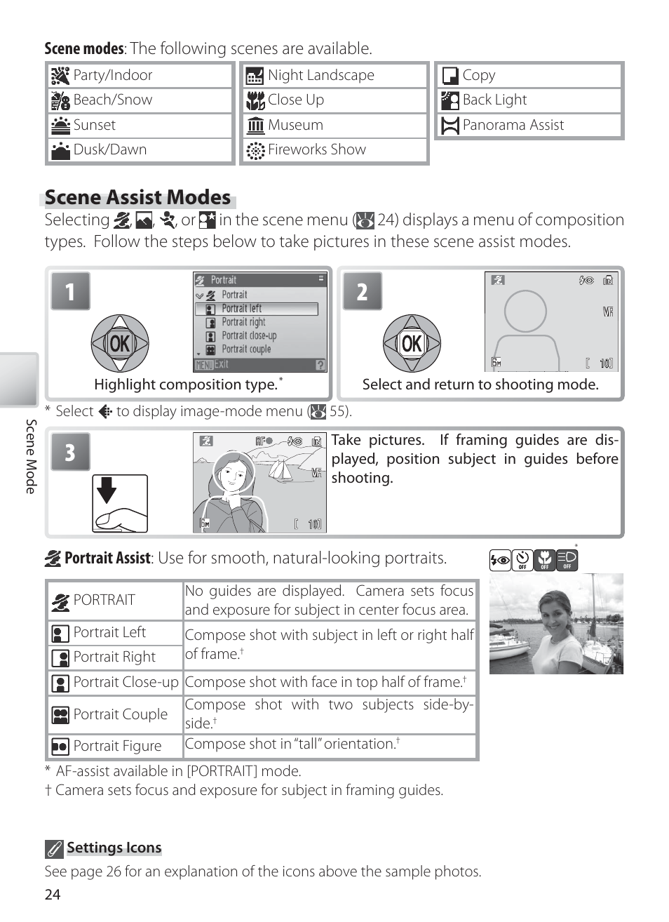 Scene assist modes, Scene modes : the following scenes are available | Nikon S10 User Manual | Page 34 / 103