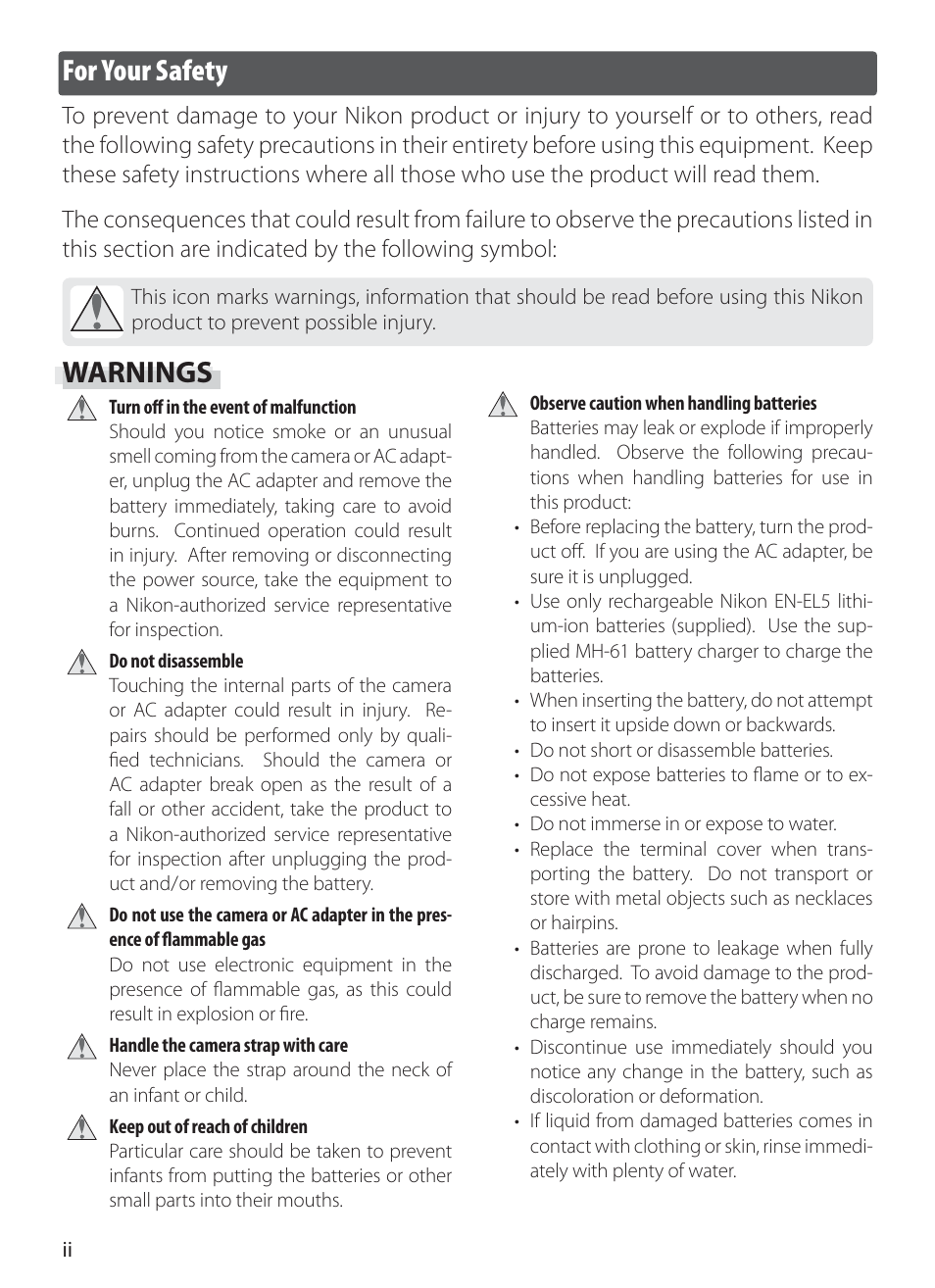 For your safety, Warnings | Nikon S10 User Manual | Page 4 / 103