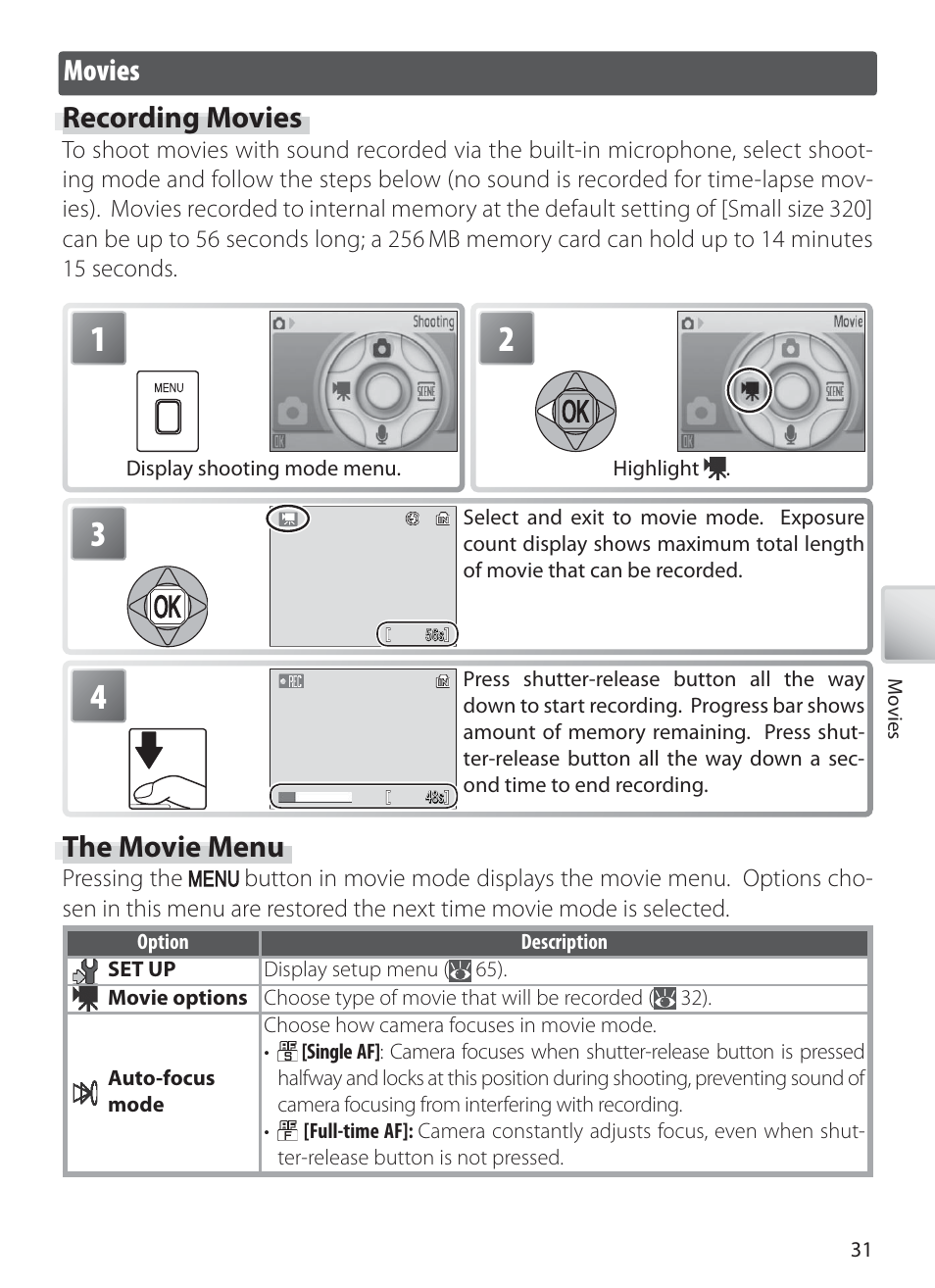 Movies, Recording movies, The movie menu | Movies recording movies | Nikon S10 User Manual | Page 41 / 103