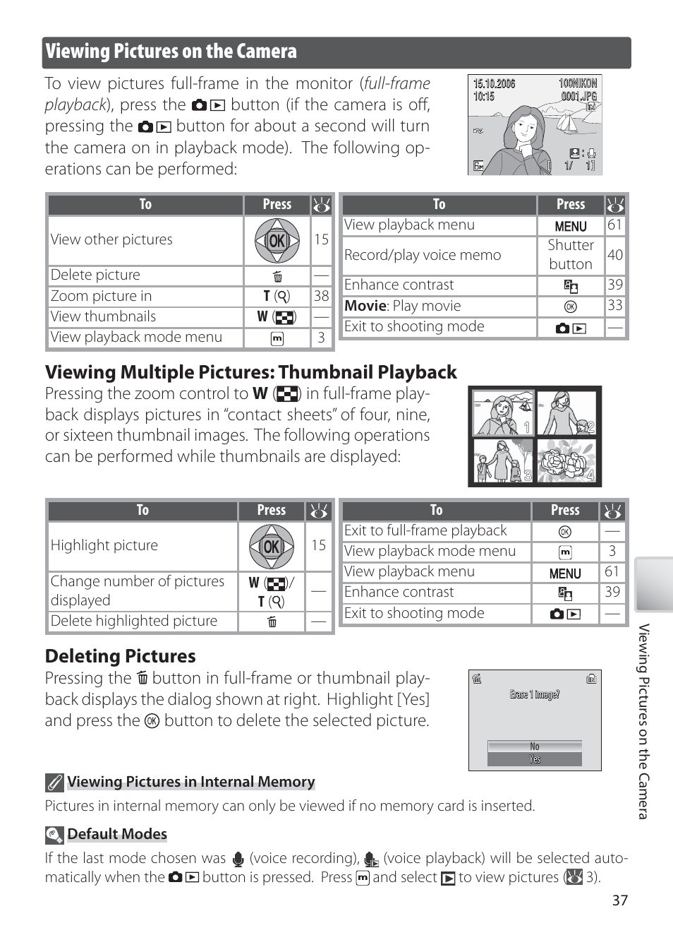 Viewing pictures on the camera, Viewing multiple pictures: thumbnail playback, Deleting pictures | Nikon S10 User Manual | Page 47 / 103