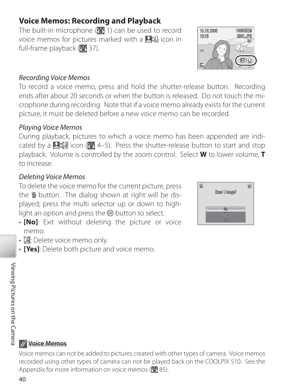 Voice memos: recording and playback | Nikon S10 User Manual | Page 50 / 103