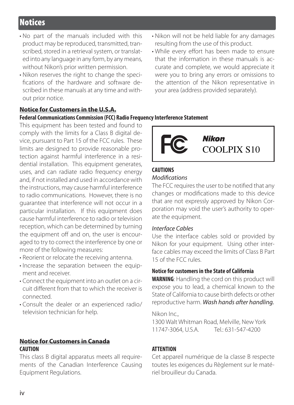 Notices, Coolpix s10 notices | Nikon S10 User Manual | Page 6 / 103