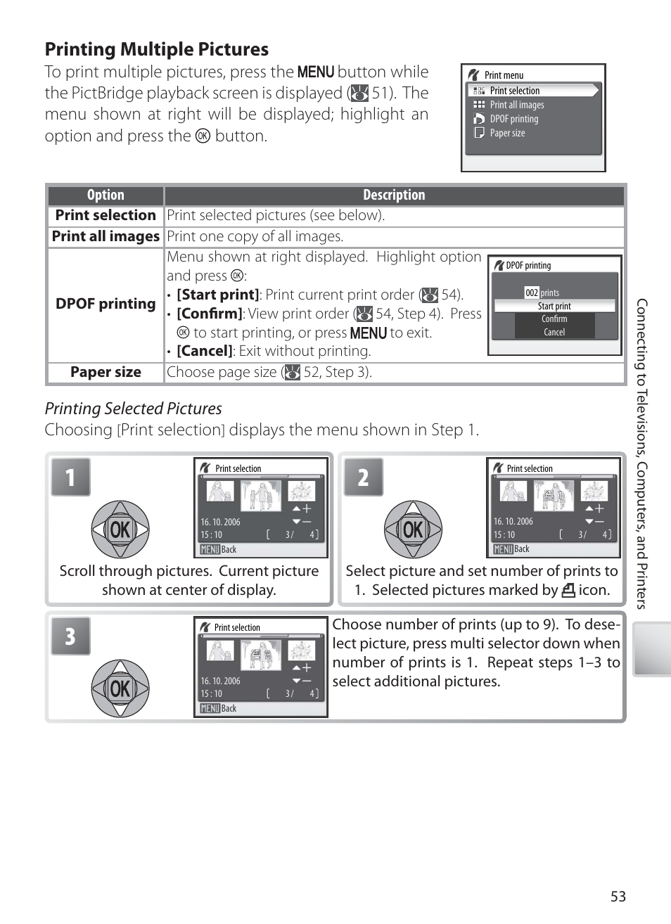 Printing multiple pictures, Printing selected pictures choosing, Print selection | Displays the menu shown in step 1 | Nikon S10 User Manual | Page 63 / 103