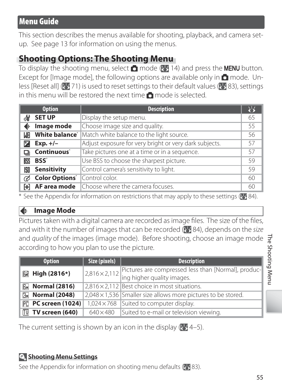 Menu guide, Shooting options: the shooting menu, Image mode | Nikon S10 User Manual | Page 65 / 103