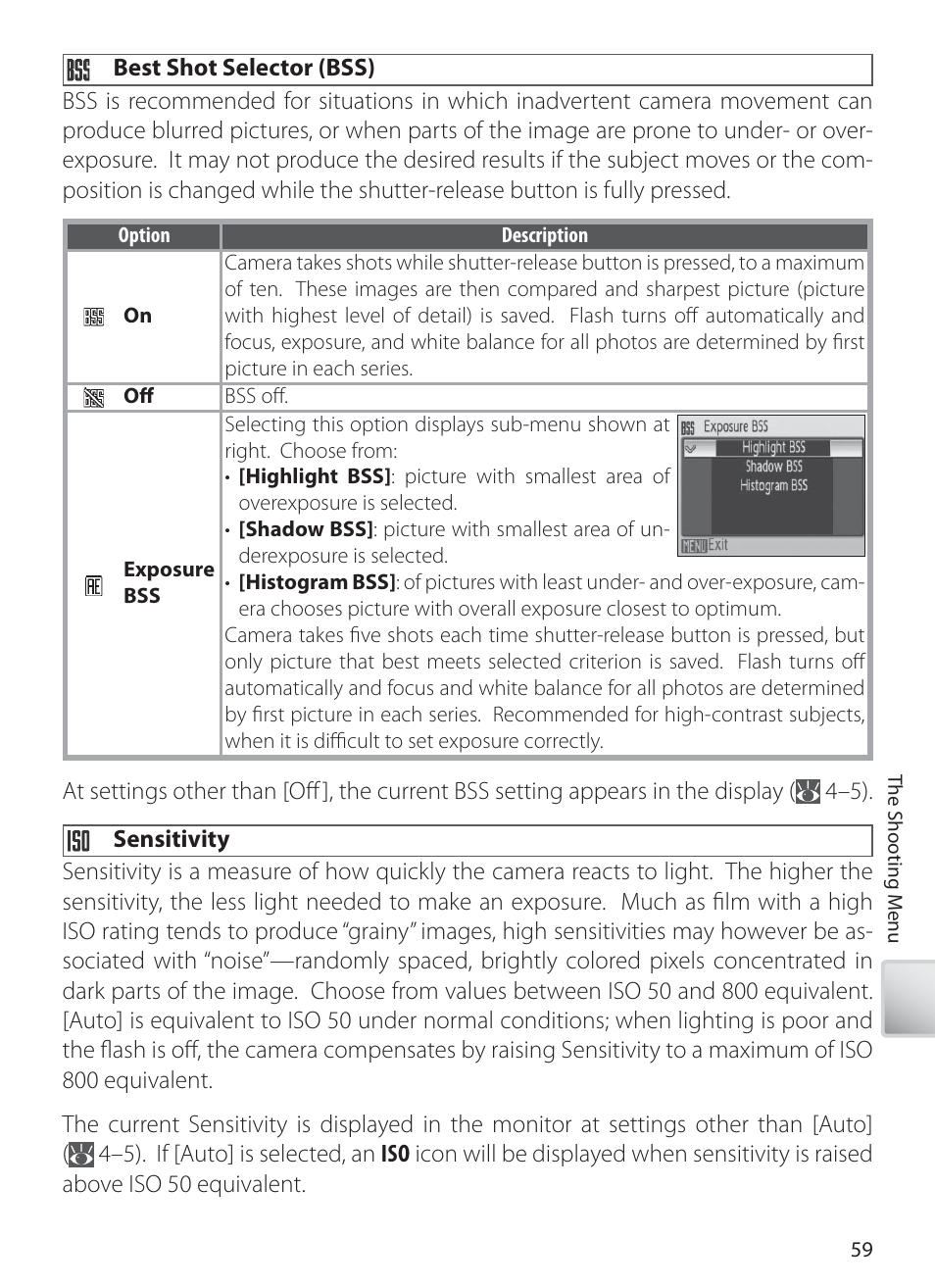 Best shot selector (bss), Sensitivity | Nikon S10 User Manual | Page 69 / 103