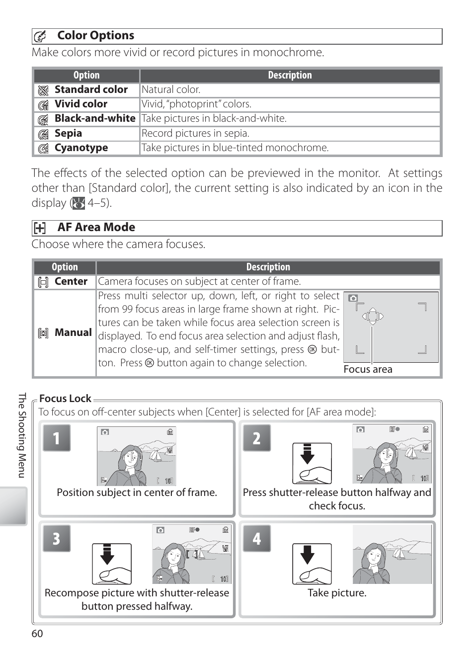 Color options, Af area mode | Nikon S10 User Manual | Page 70 / 103