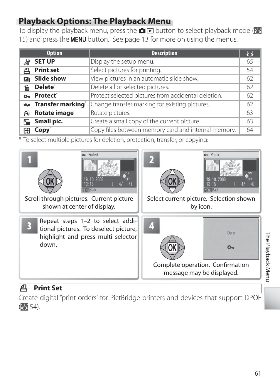 Playback options: the playback menu, Print set | Nikon S10 User Manual | Page 71 / 103