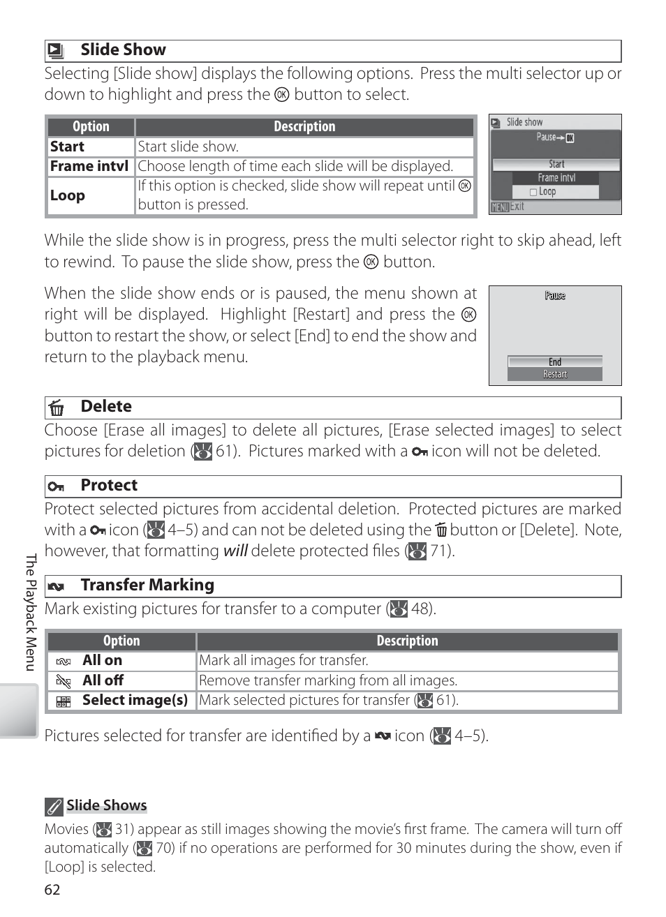 Slide show, Delete, Protect | Transfer marking | Nikon S10 User Manual | Page 72 / 103