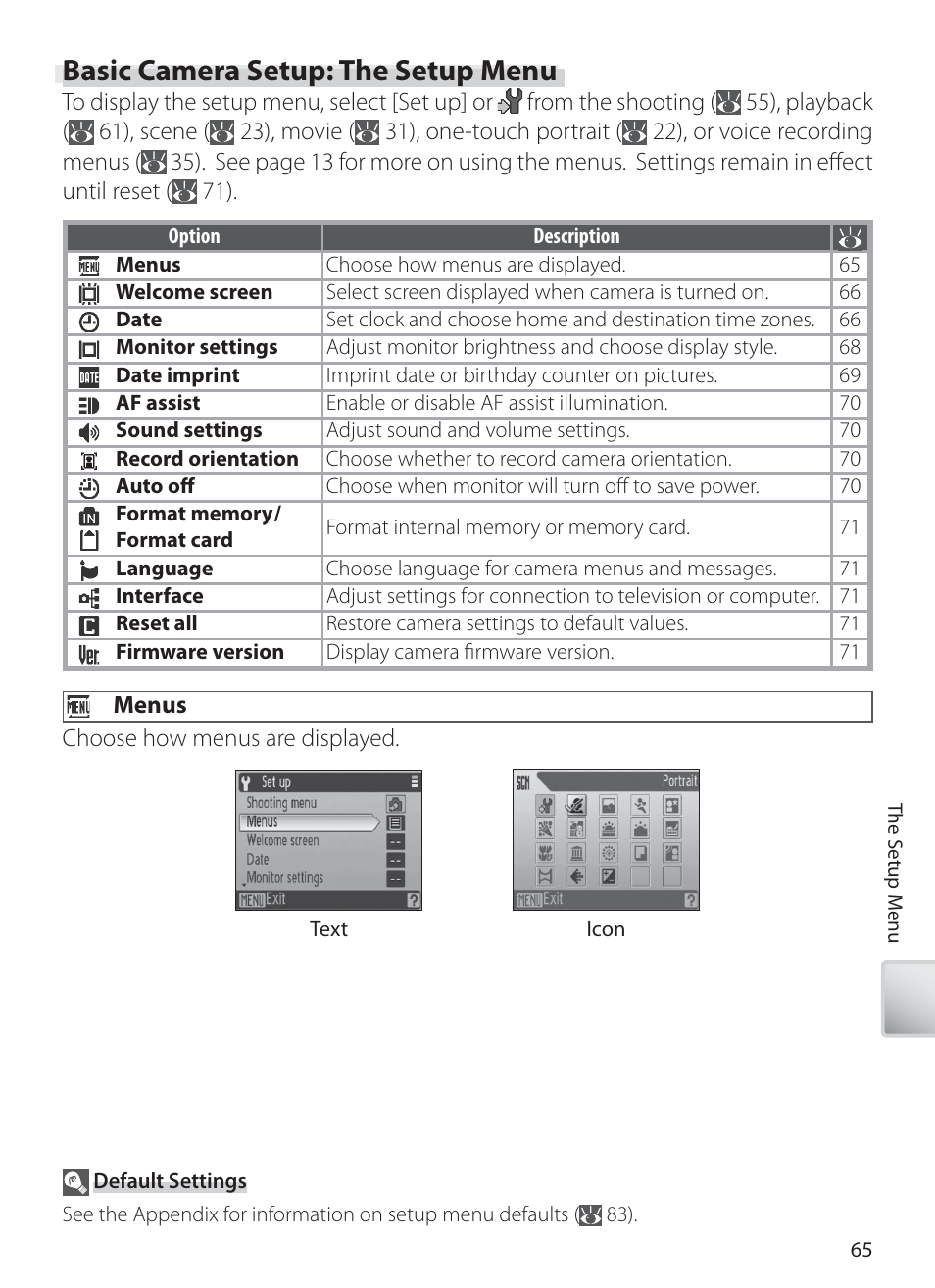 Basic camera setup: the setup menu, Menus | Nikon S10 User Manual | Page 75 / 103