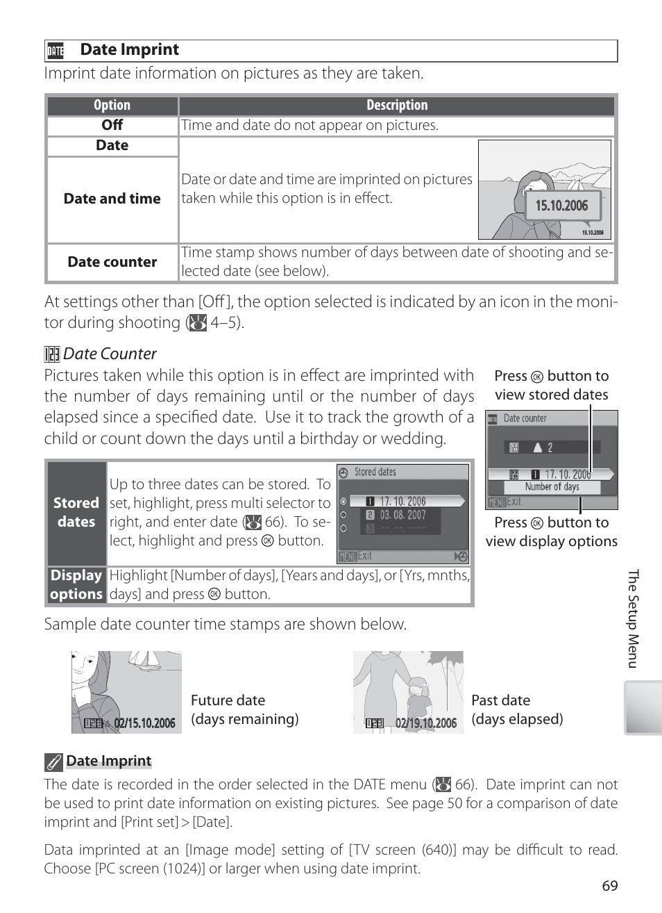 Date imprint, Sample date counter time stamps are shown below | Nikon S10 User Manual | Page 79 / 103