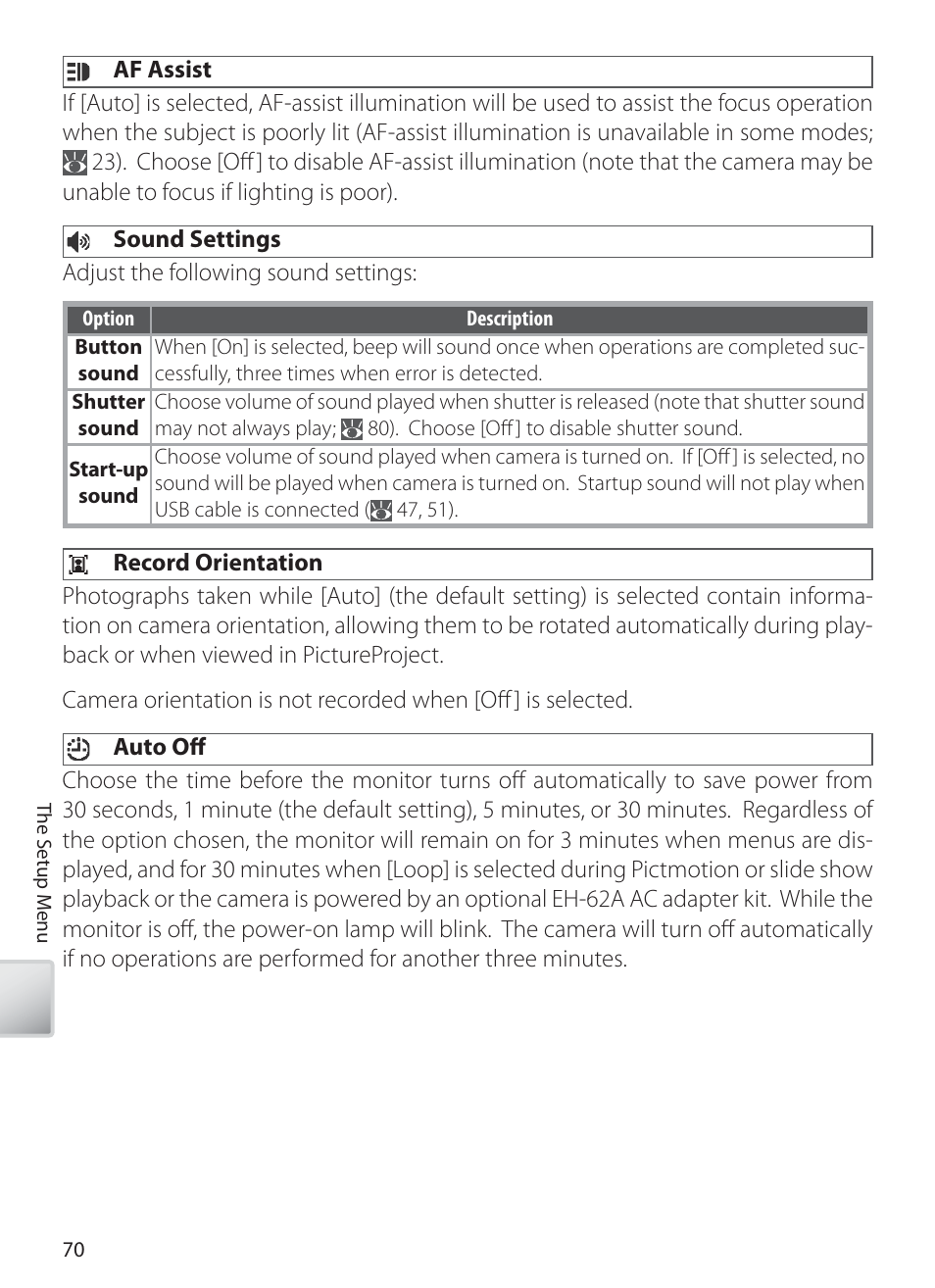 Af assist, Sound settings, Record orientation | Auto off | Nikon S10 User Manual | Page 80 / 103