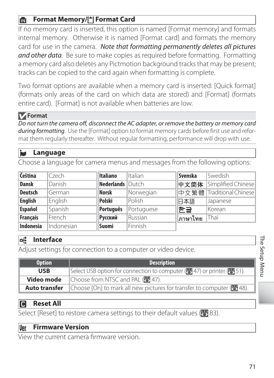 Format memory/ format card, Language, Interface | Reset all, Firmware version | Nikon S10 User Manual | Page 81 / 103