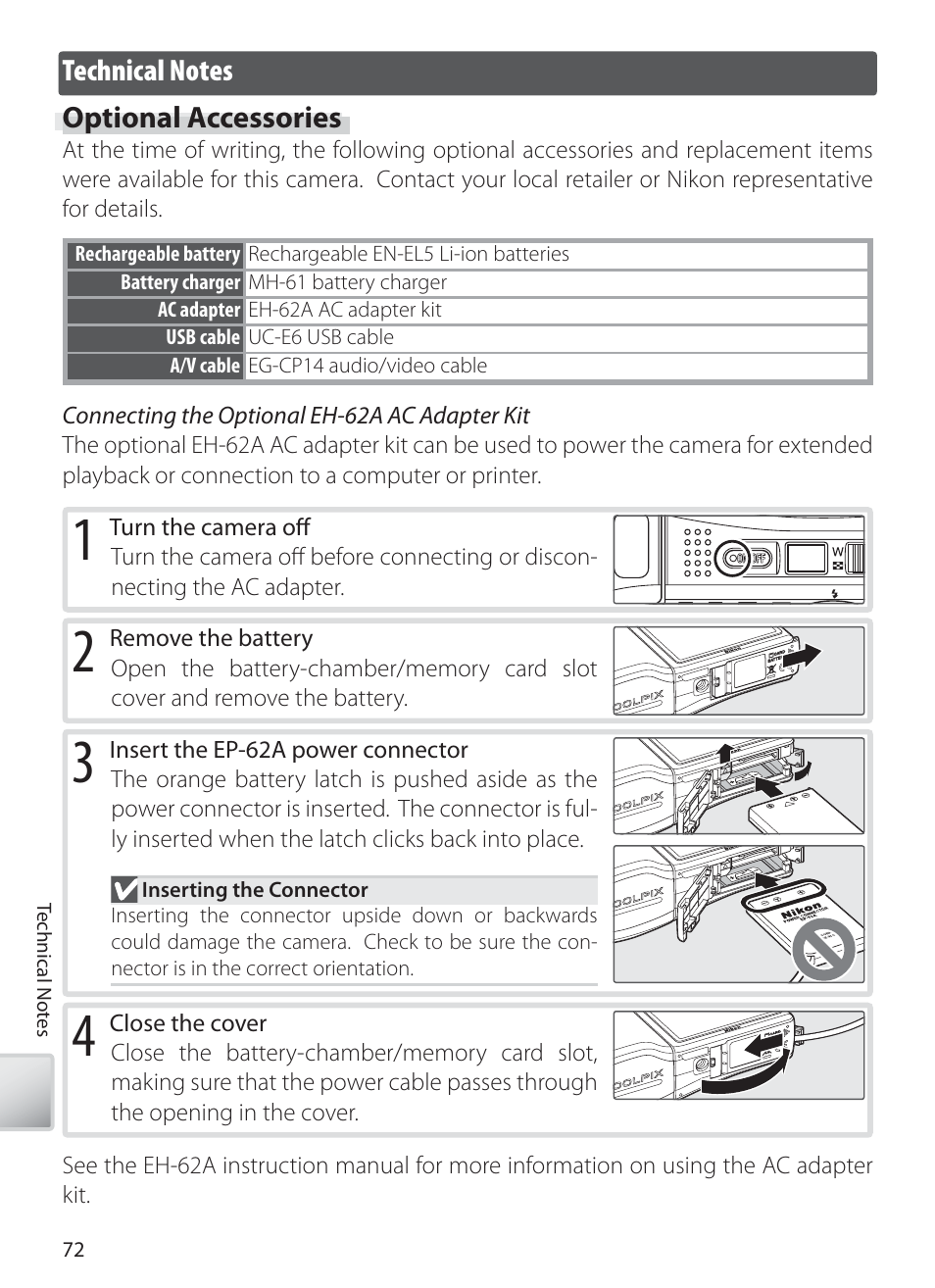 Technical notes, Optional accessories | Nikon S10 User Manual | Page 82 / 103