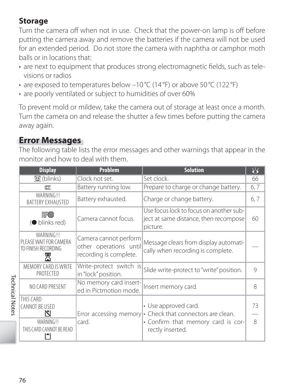 Error messages, Storage | Nikon S10 User Manual | Page 86 / 103