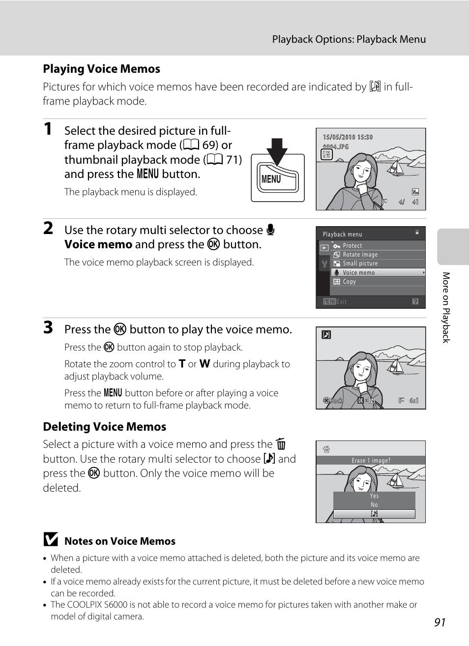 Of “playing voice memos, A 91) to | Nikon S6000 User Manual | Page 103 / 180