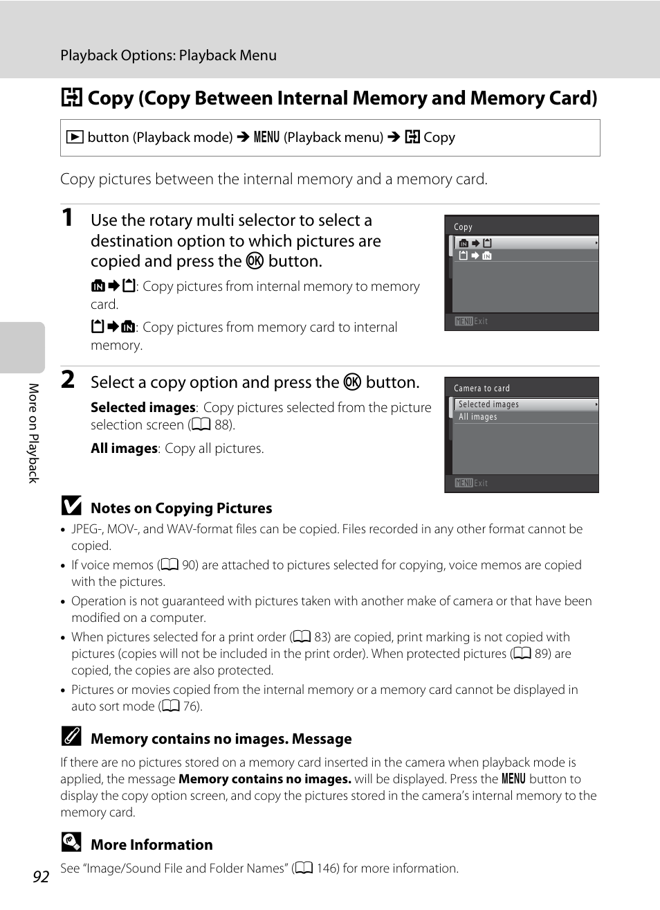 A 92), A 92, Select a copy option and press the k button | Nikon S6000 User Manual | Page 104 / 180