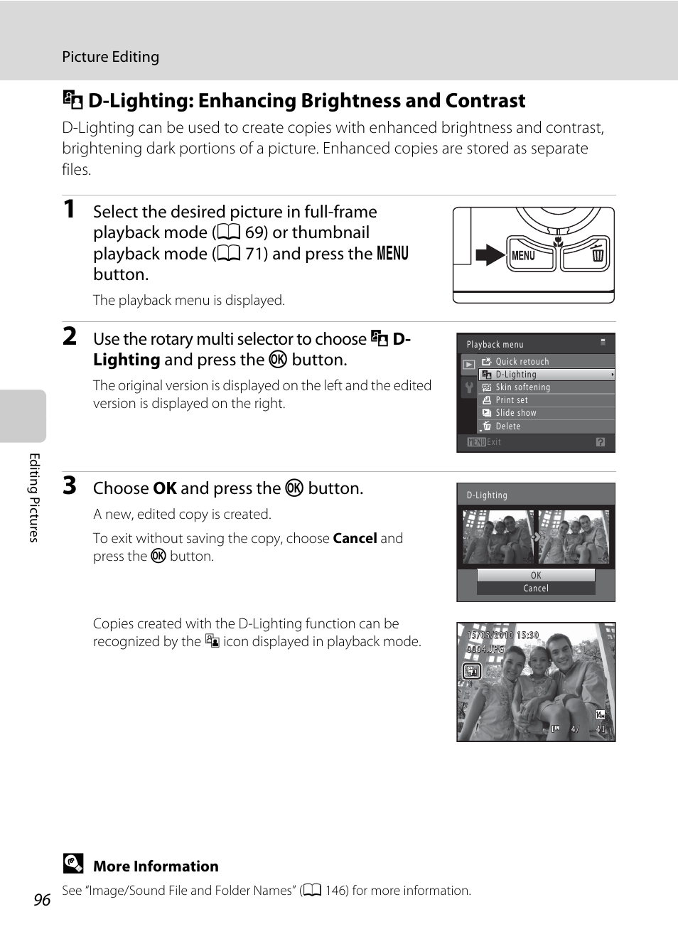 D-lighting: enhancing brightness and contrast, I d-lighting: enhancing brightness and contrast, A 96 | Lighting, A 96), Choose ok and press the k button | Nikon S6000 User Manual | Page 108 / 180