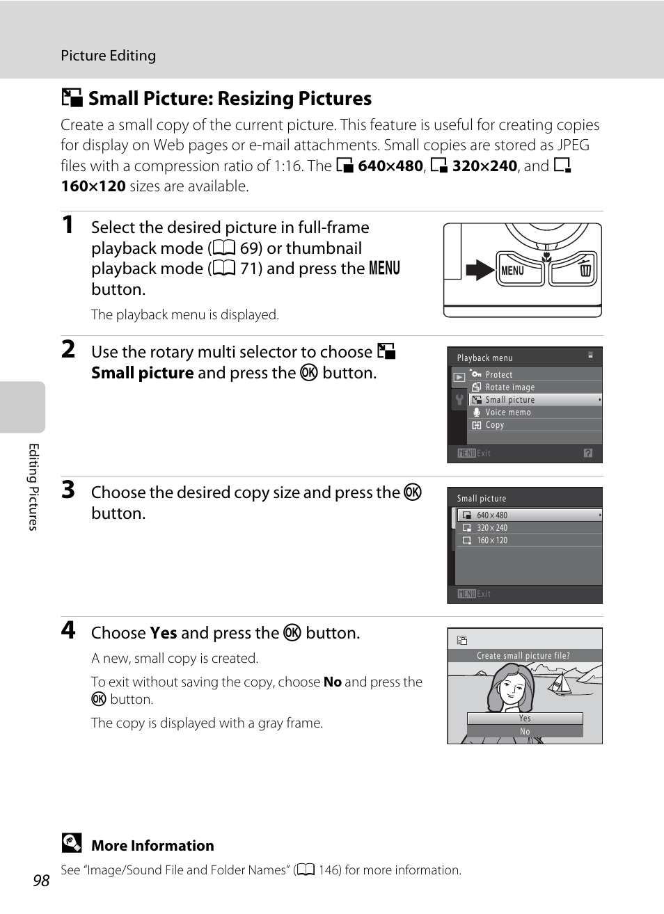 Small picture: resizing pictures, G small picture: resizing pictures, A 98 | A 98) | Nikon S6000 User Manual | Page 110 / 180