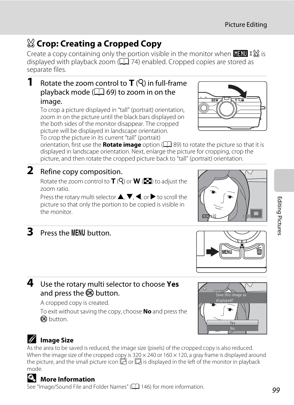 Crop: creating a cropped copy, A crop: creating a cropped copy, A 99) | Nikon S6000 User Manual | Page 111 / 180