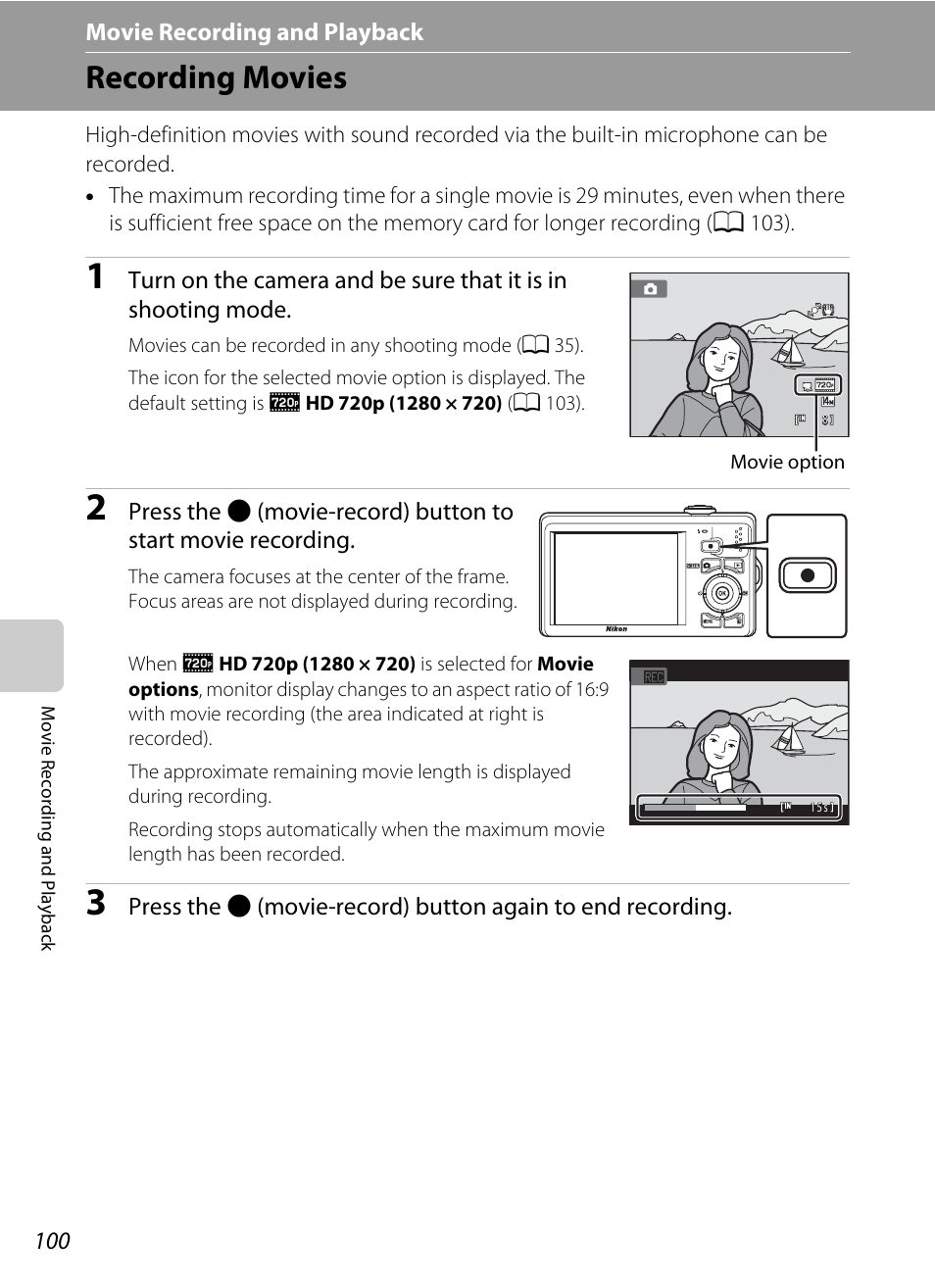 Movie recording and playback, Recording movies, A 100) | Nikon S6000 User Manual | Page 112 / 180