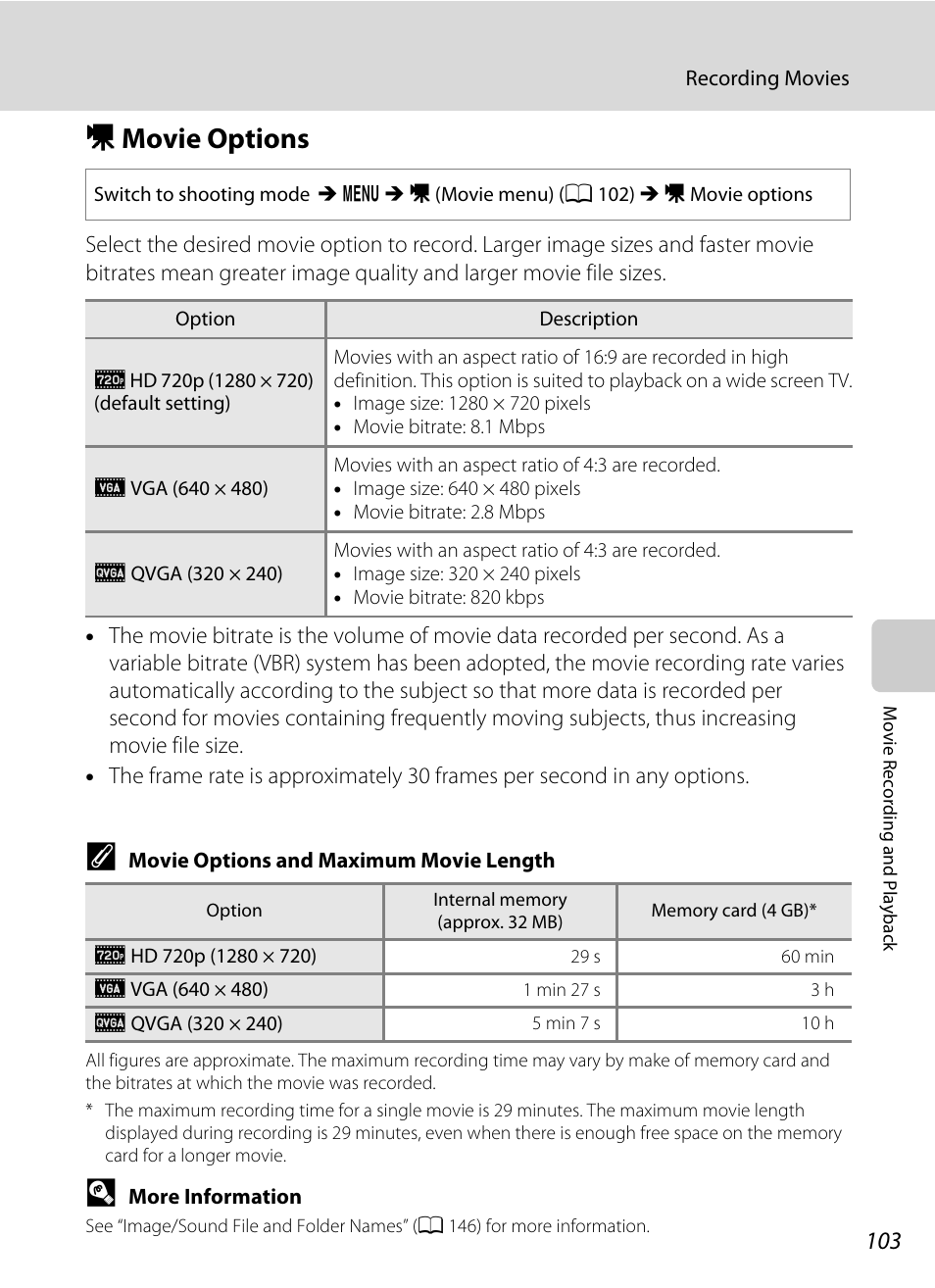 Movie options, D movie options, A 103) | A 103 | Nikon S6000 User Manual | Page 115 / 180