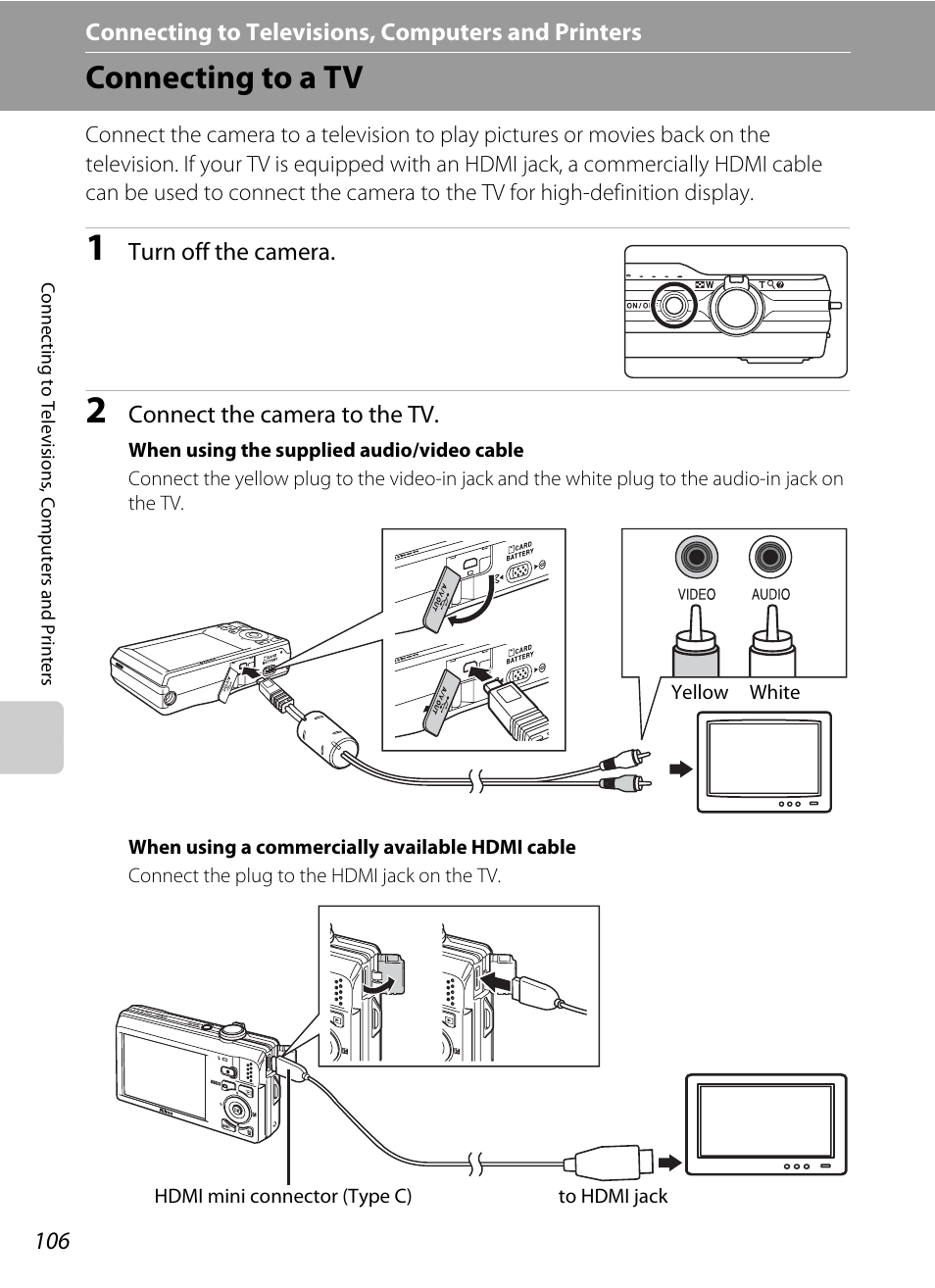 Connecting to televisions, computers and printers, Connecting to a tv | Nikon S6000 User Manual | Page 118 / 180