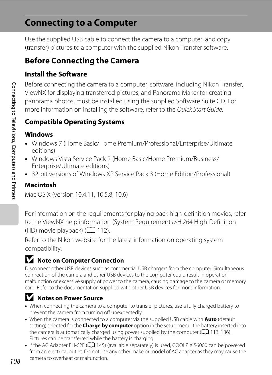 Connecting to a computer, Before connecting the camera, A 108, 136) | A 108) | Nikon S6000 User Manual | Page 120 / 180