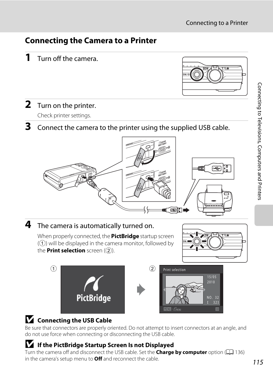 Connecting the camera to a printer, A 115) | Nikon S6000 User Manual | Page 127 / 180