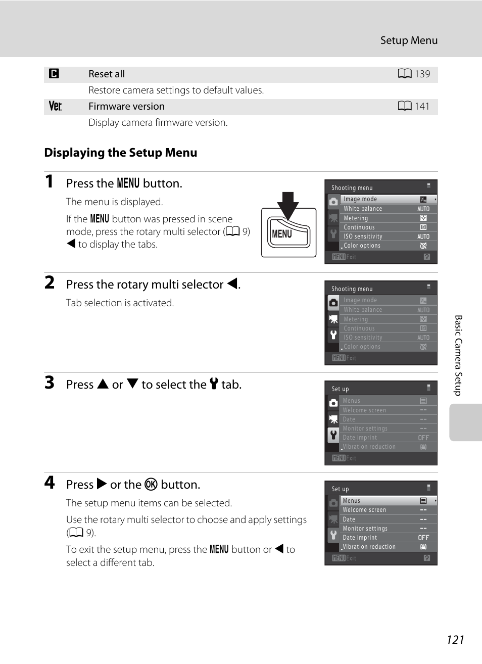 Displaying the setup menu, Press the d button, Press the rotary multi selector j | Press h or i to select the z tab, Press k or the k button | Nikon S6000 User Manual | Page 133 / 180