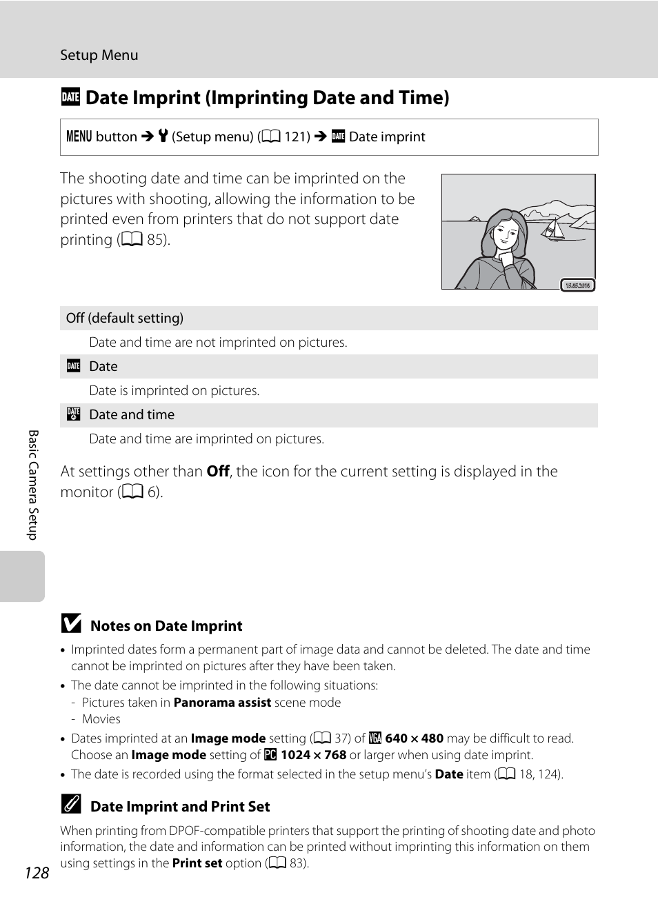 Date imprint (imprinting date and time), F date imprint (imprinting date and time), A 128) in | A 128 | Nikon S6000 User Manual | Page 140 / 180