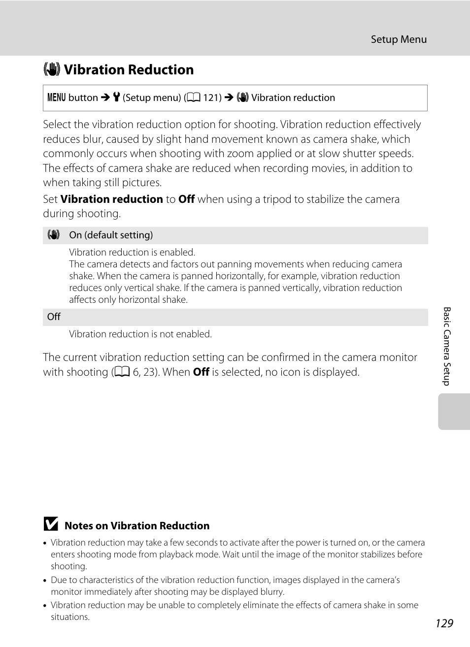 Vibration reduction, G vibration reduction, A 129) or | A 129) to, A 129) i, A 129), A 129) t, A 129 | Nikon S6000 User Manual | Page 141 / 180