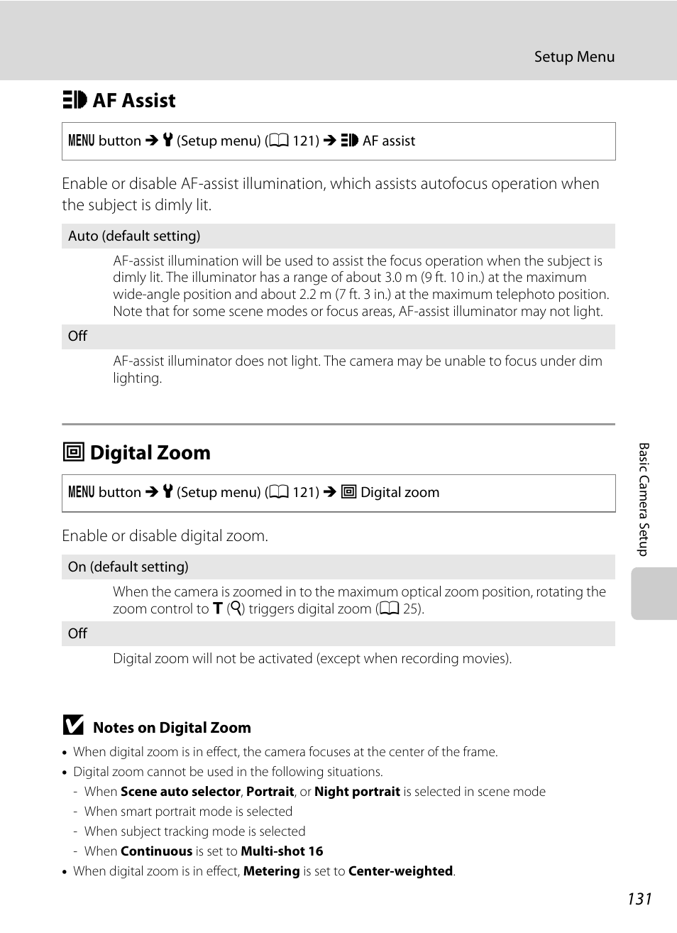 Af assist, Digital zoom, H af assist u digital zoom | A 131) in, A 131) may li, A 131), Ee “notes on digital zoom, A 131) does not, A 131, H af assist | Nikon S6000 User Manual | Page 143 / 180