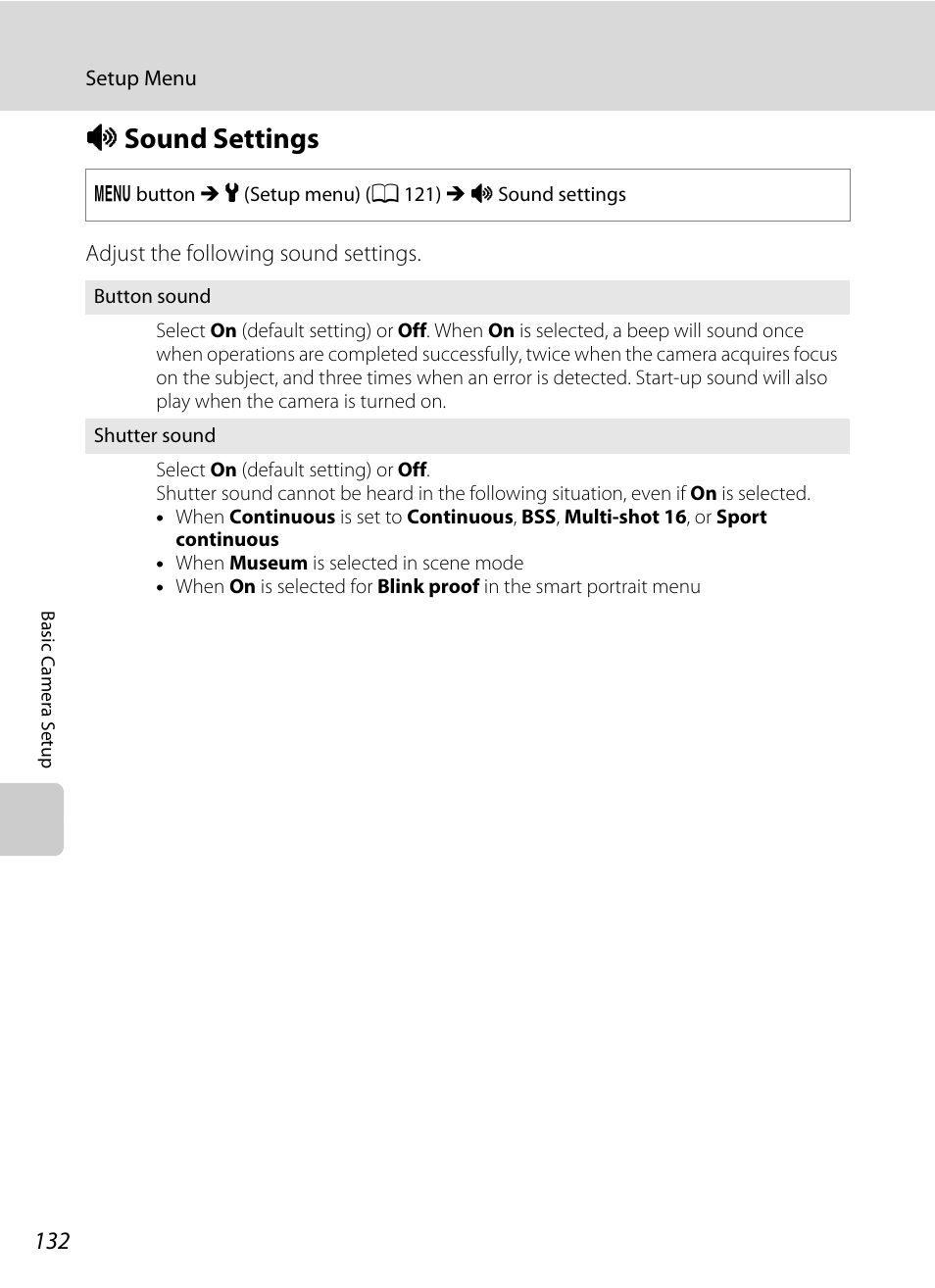 Sound settings, I sound settings, A 132 | Nikon S6000 User Manual | Page 144 / 180