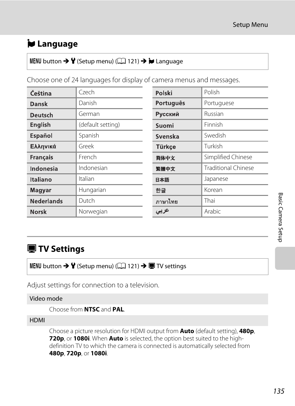 Language, Tv settings, N language h tv settings | A 135), A 135, N language, H tv settings | Nikon S6000 User Manual | Page 147 / 180