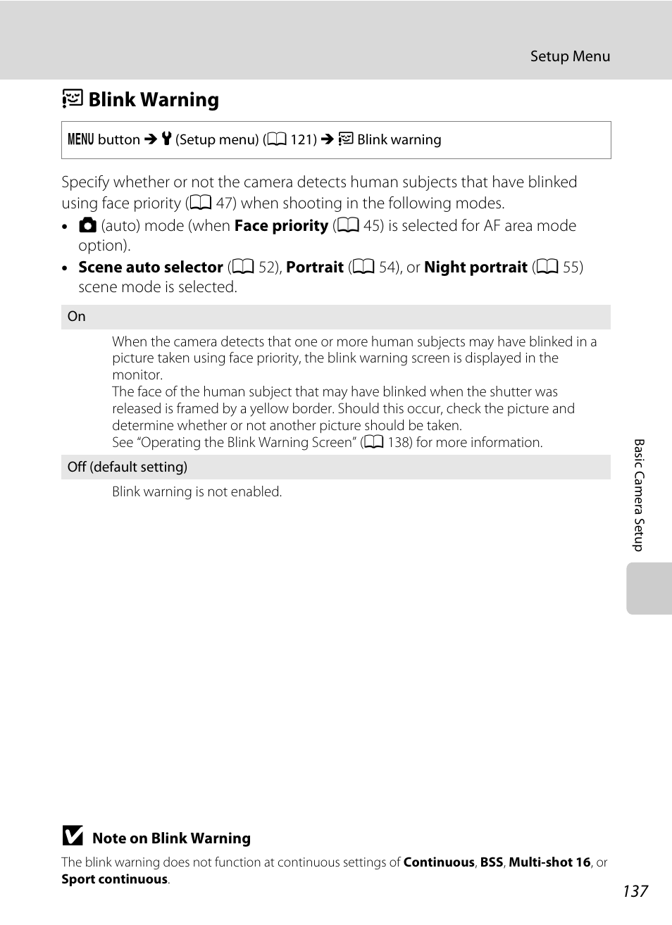 Blink warning, D blink warning, A 137 | Nikon S6000 User Manual | Page 149 / 180