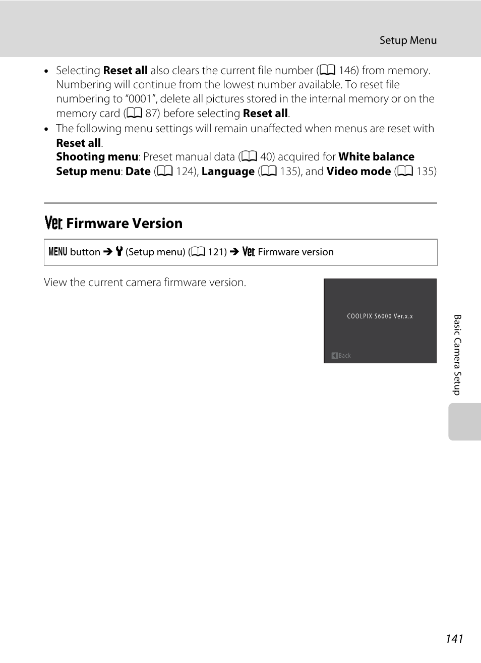 Firmware version, R firmware version, A 141 | Nikon S6000 User Manual | Page 153 / 180
