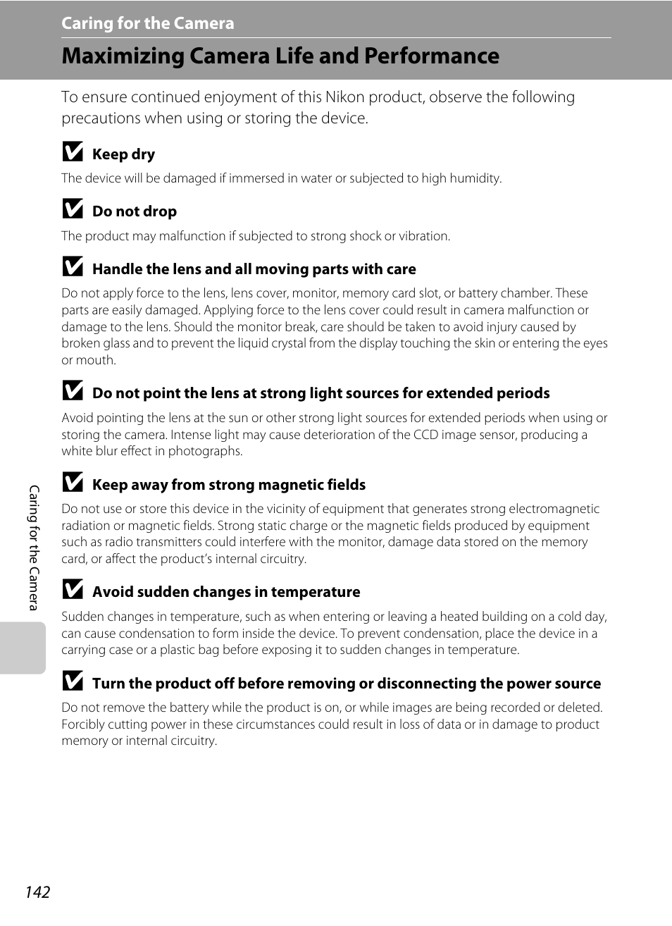 Caring for the camera, Maximizing camera life and performance | Nikon S6000 User Manual | Page 154 / 180