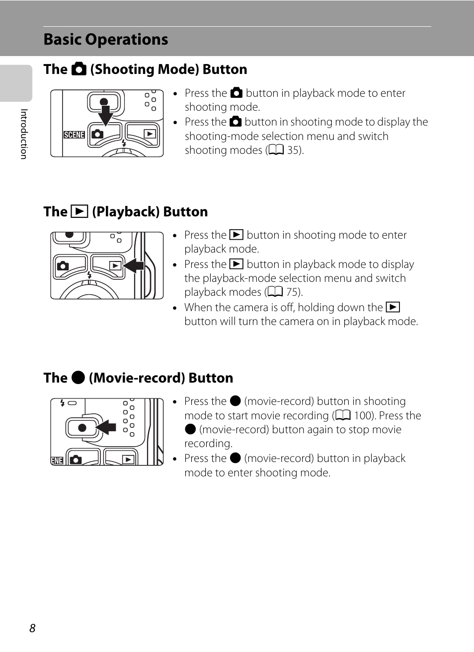 Basic operations, The shooting mode button, The playback button | The movie-record button, The a (shooting mode) button the, C (playback) button, B (movie-record) button | Nikon S6000 User Manual | Page 20 / 180