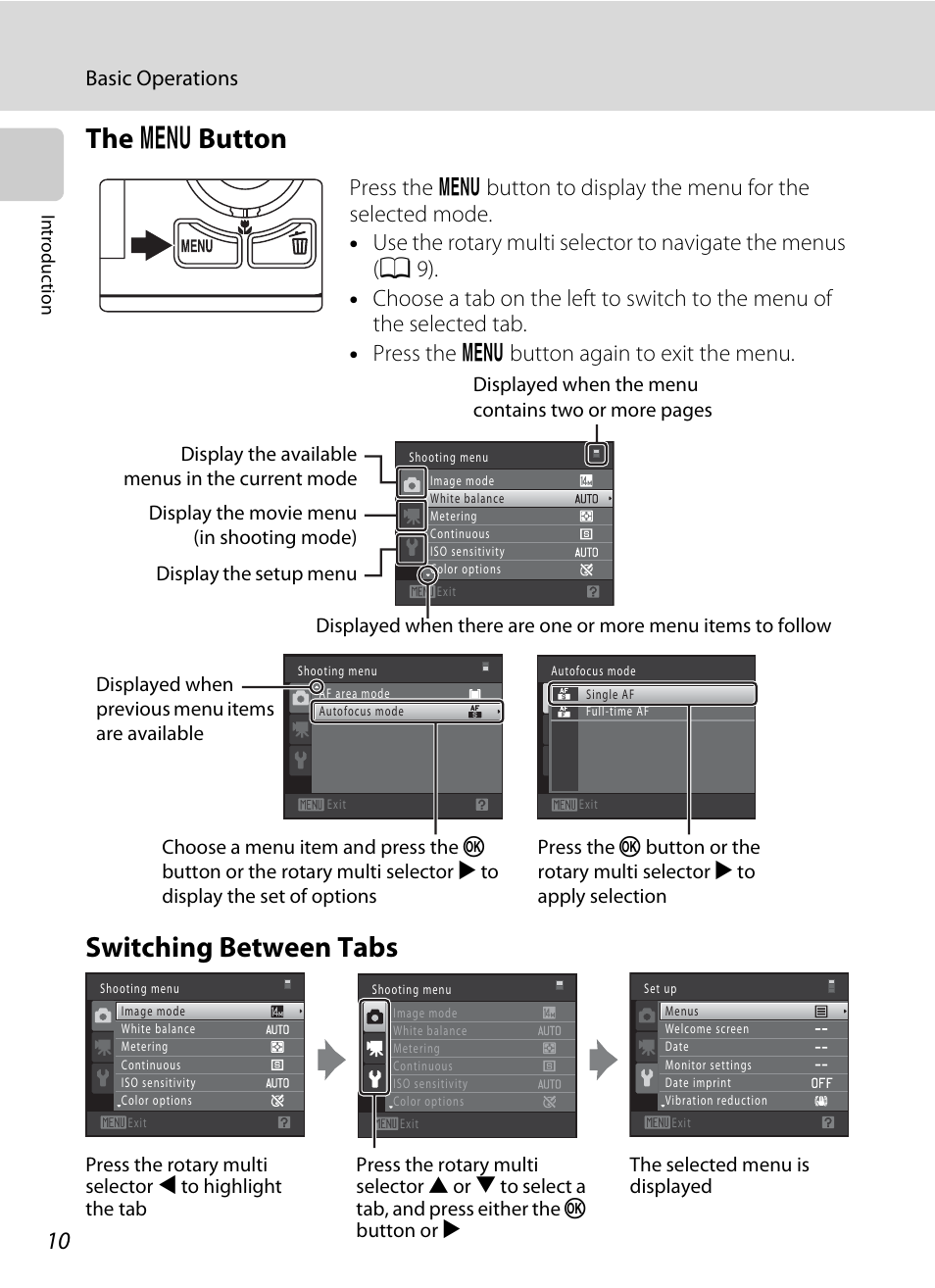 The menu button, Switching between tabs, D button | The d button switching between tabs | Nikon S6000 User Manual | Page 22 / 180