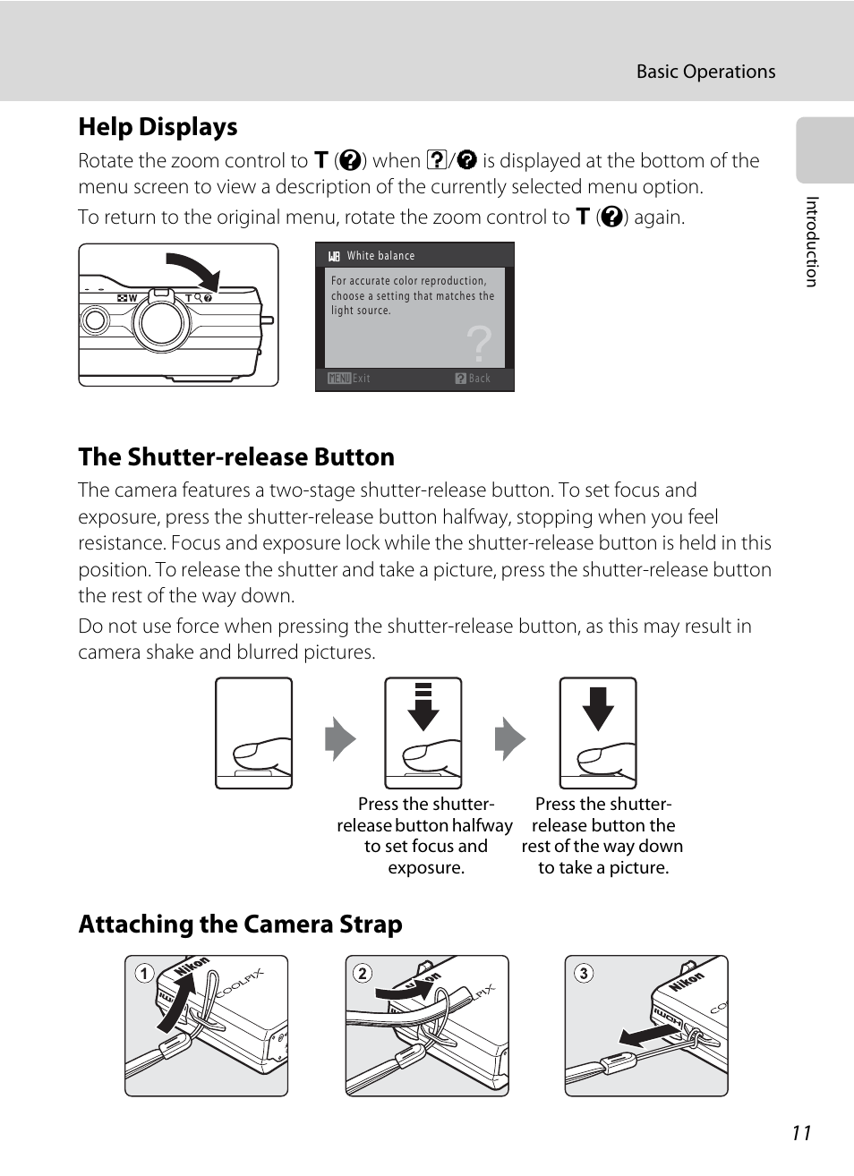 Help displays, The shutter-release button, Attaching the camera strap | Nikon S6000 User Manual | Page 23 / 180