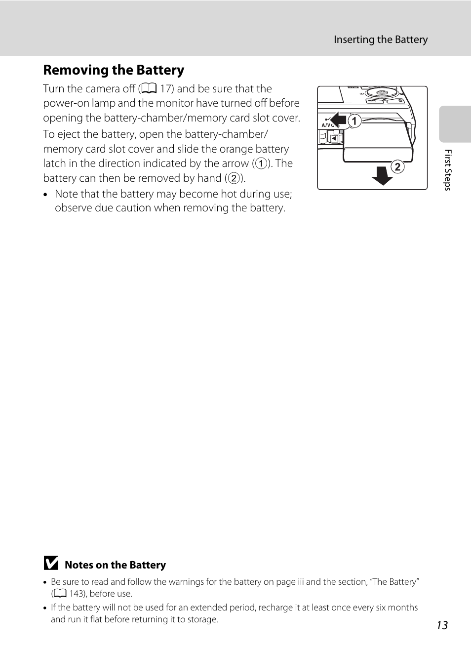 Removing the battery | Nikon S6000 User Manual | Page 25 / 180