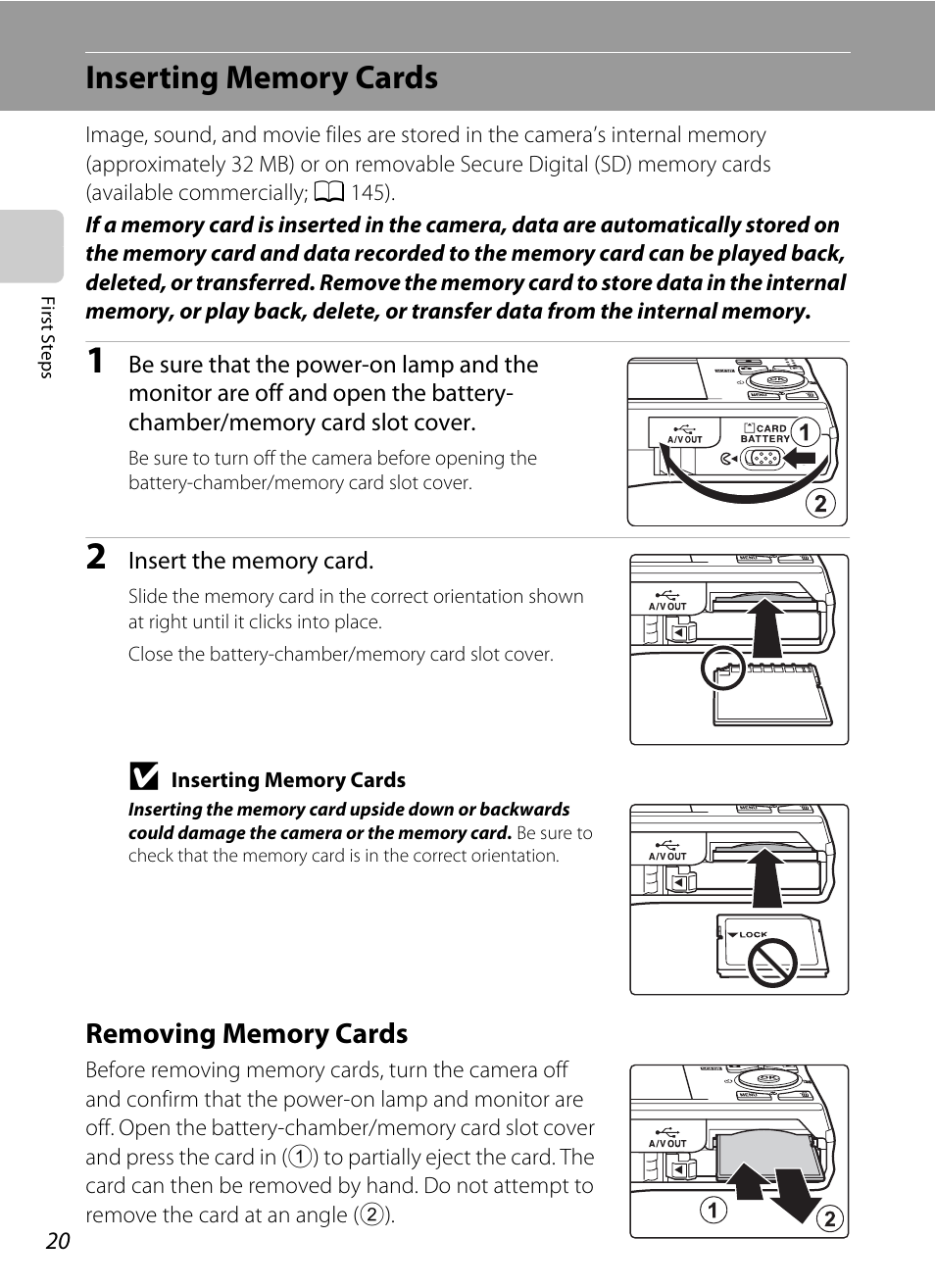 Inserting memory cards, Removing memory cards | Nikon S6000 User Manual | Page 32 / 180