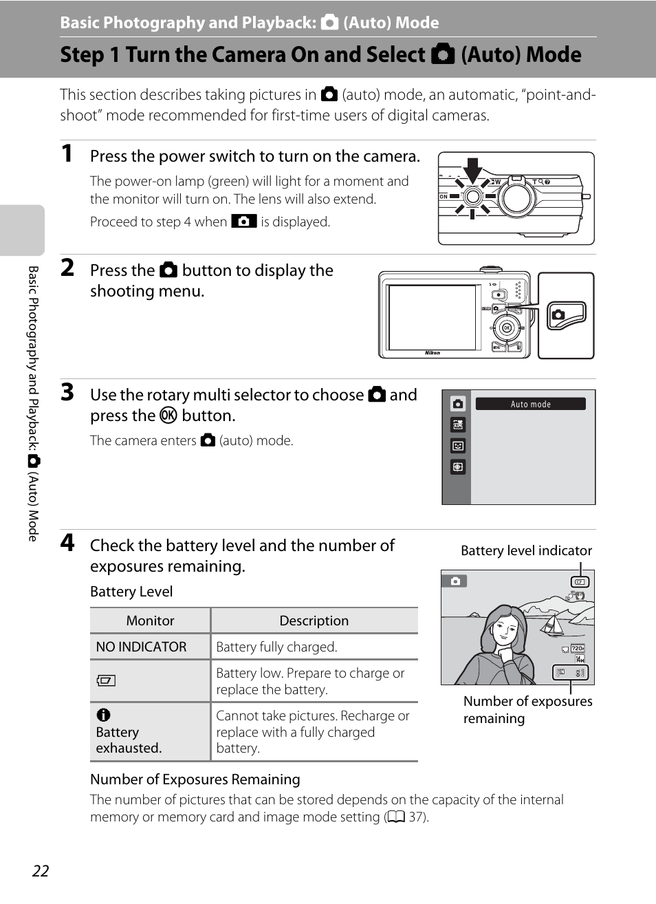 Basic photography and playback: auto mode, Step 1 turn the camera on and select auto mode, Basic photography and playback: a (auto) mode | Step 1 turn the camera on and select a (auto) mode | Nikon S6000 User Manual | Page 34 / 180