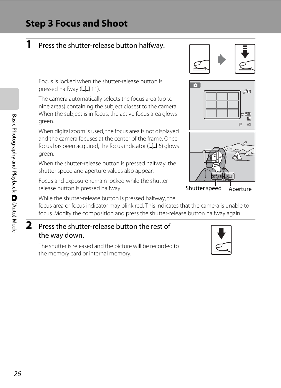 Step 3 focus and shoot, Press the shutter-release button halfway | Nikon S6000 User Manual | Page 38 / 180