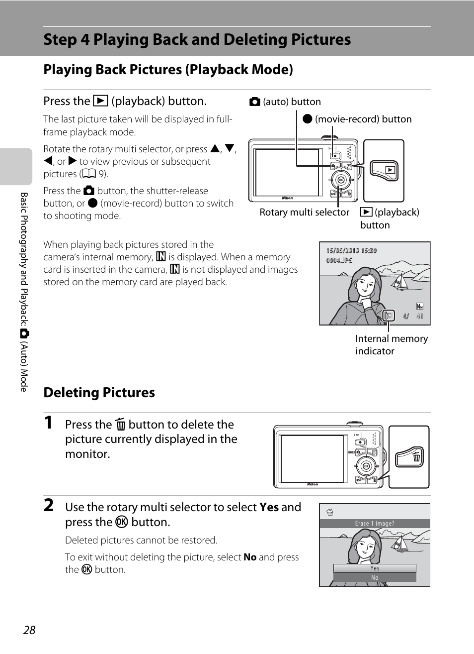 Step 4 playing back and deleting pictures, Playing back pictures (playback mode), Deleting pictures | Press the c (playback) button | Nikon S6000 User Manual | Page 40 / 180