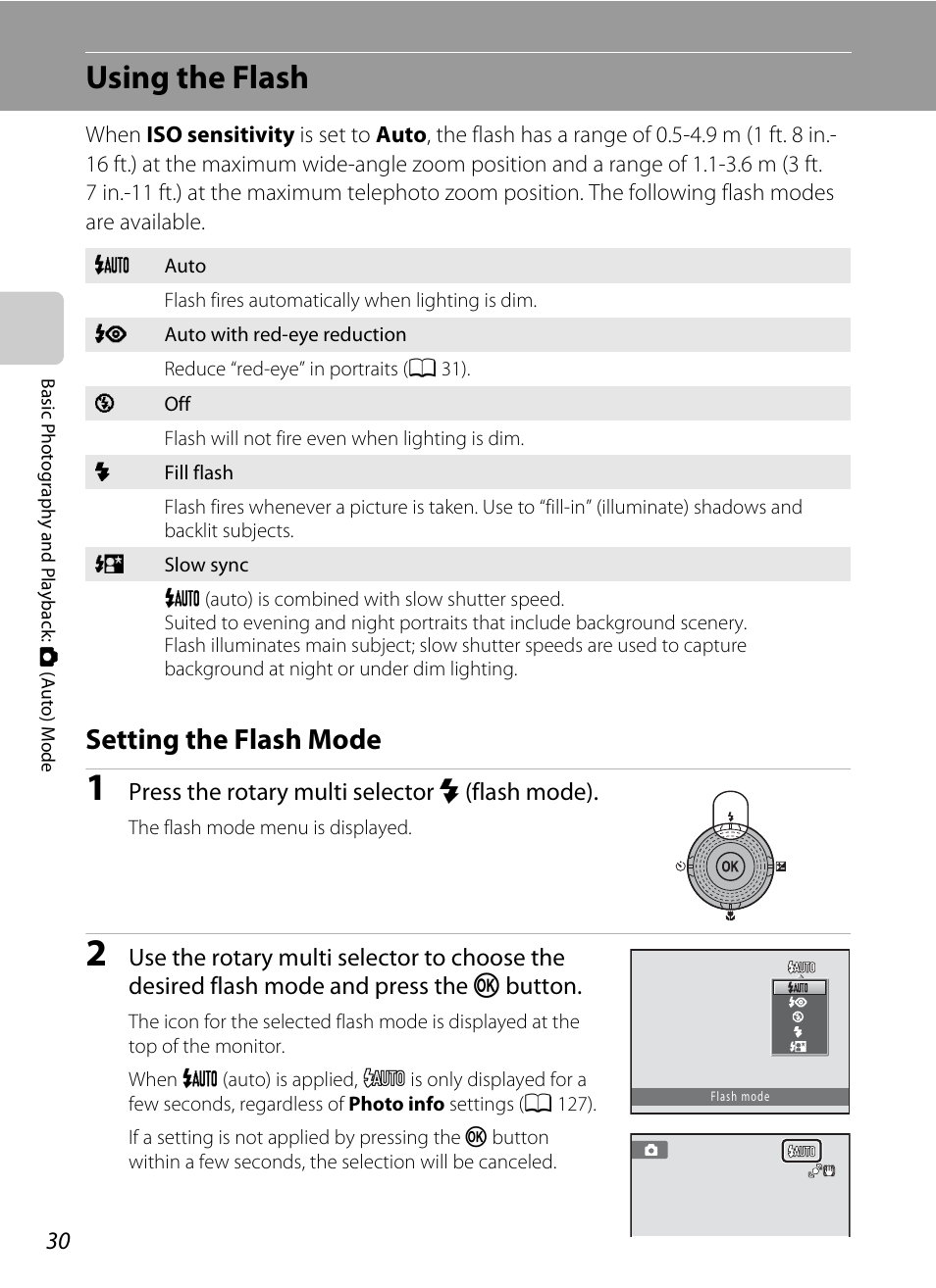 Using the flash, Setting the flash mode, A 30 | A 30) can, A 30) | Nikon S6000 User Manual | Page 42 / 180