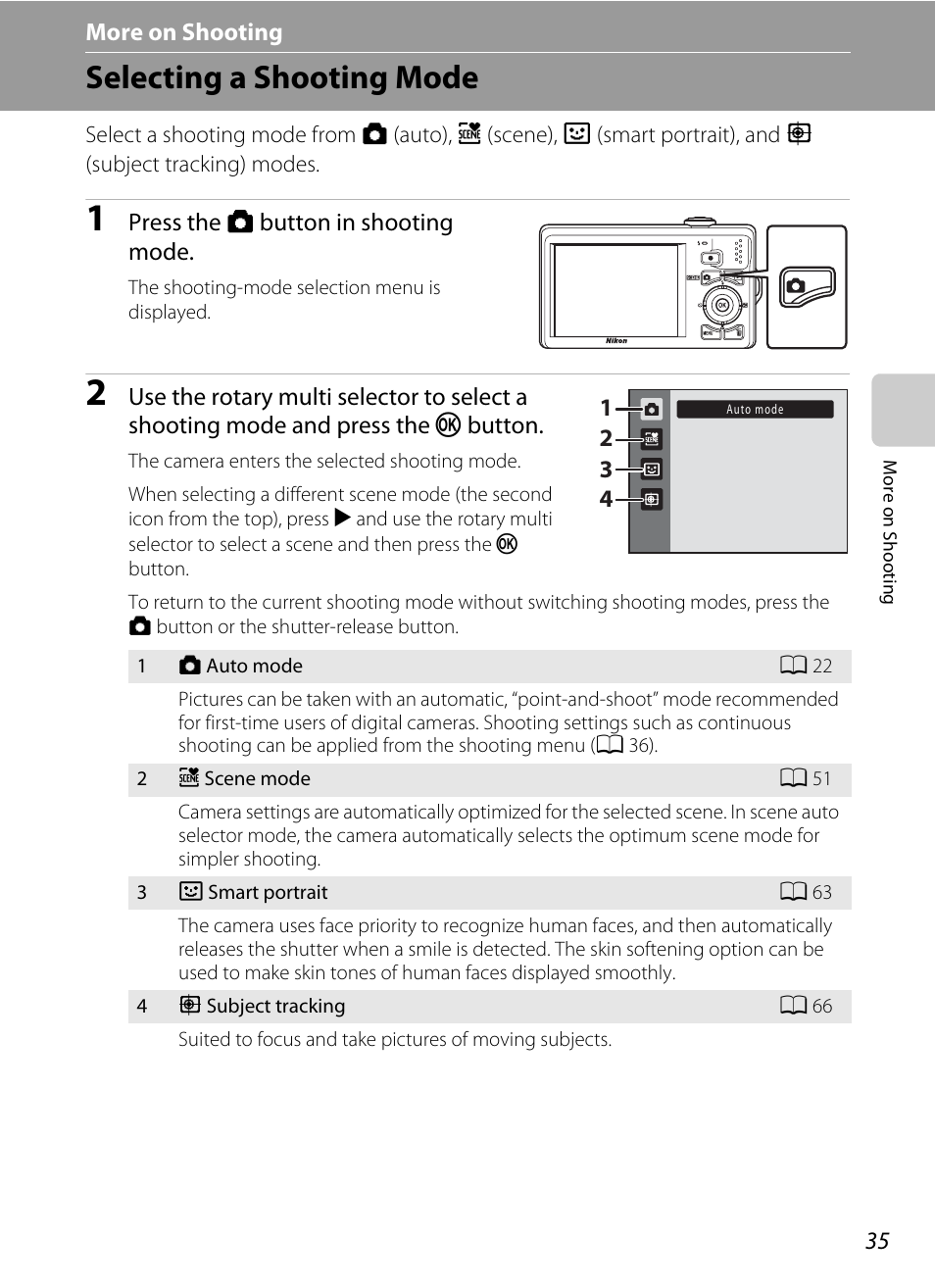 More on shooting, Selecting a shooting mode | Nikon S6000 User Manual | Page 47 / 180